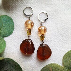 Amber Glass Dangle Earrings – Mid Century Modern, Retro Earrings, Abstract